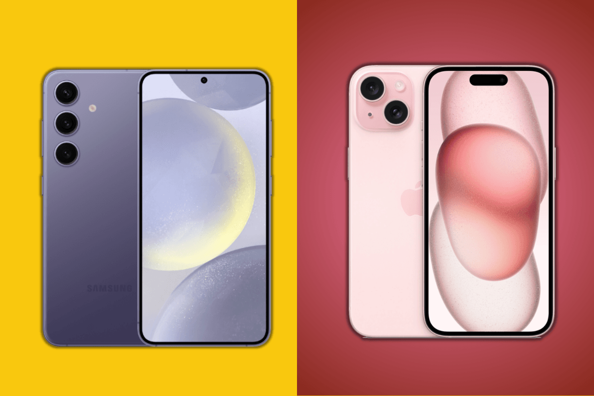 imagem de um samsung s24 e um iphone 15 comparativo
